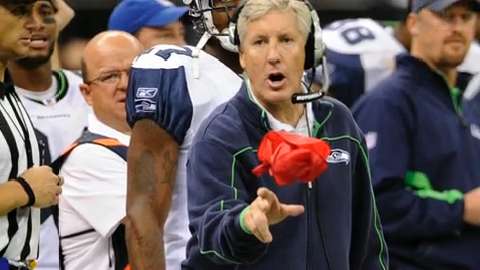 Pete Carroll can't find his challenge flag so he throws something