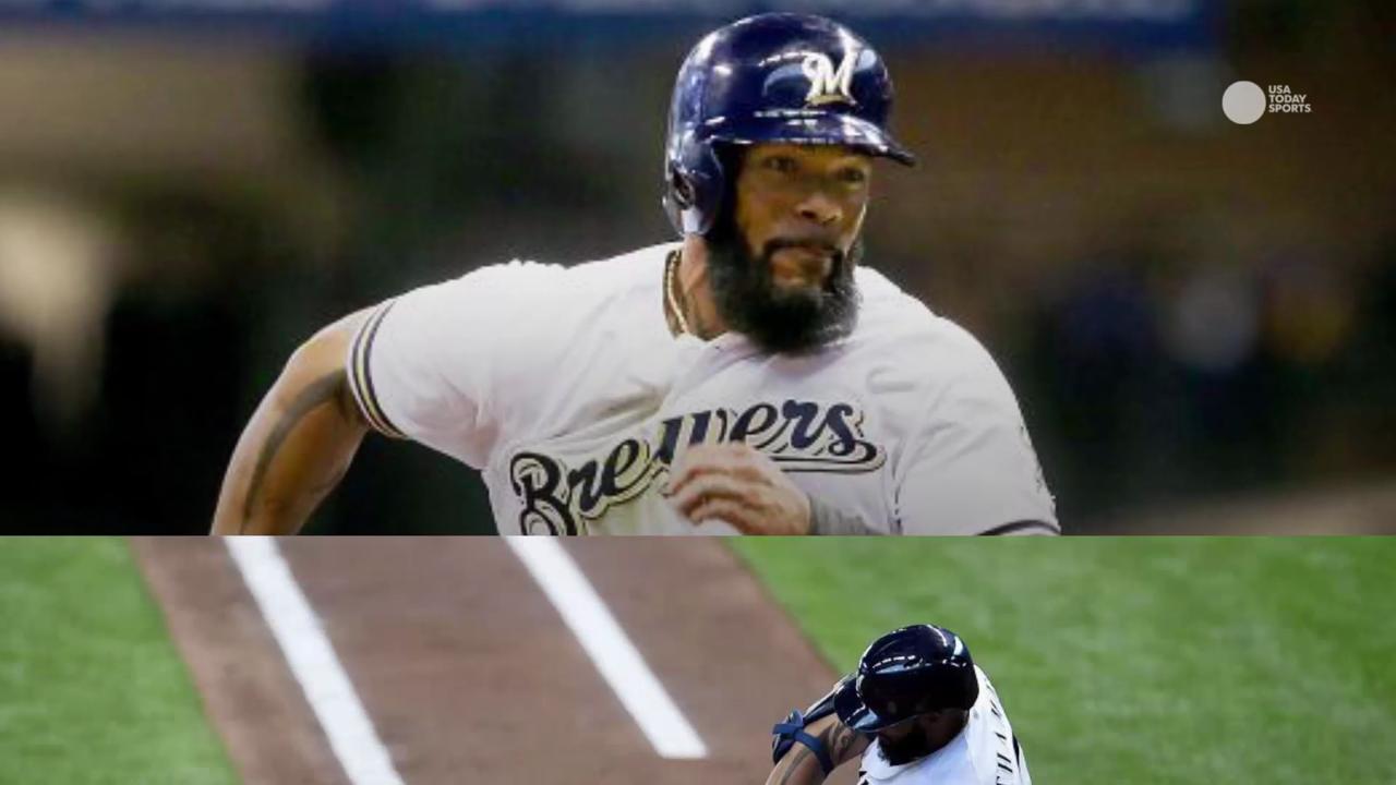 This is a 2022 photo of Eric Thames of the Oakland Athletics baseball team.  This image reflects …